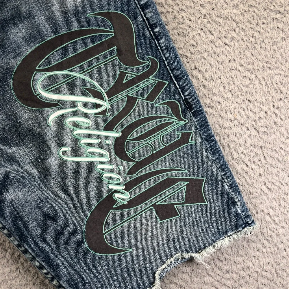 True Religion Shorts Mens 32 Blue Ricky Relaxed Graphic Logo Rah Hem Flap Pocket